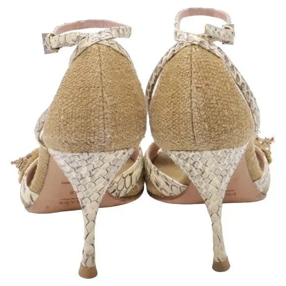 Prada Embellished Snakeskin Accent Sandal Heels in Beige Jute Linen - Picture 5 of 12